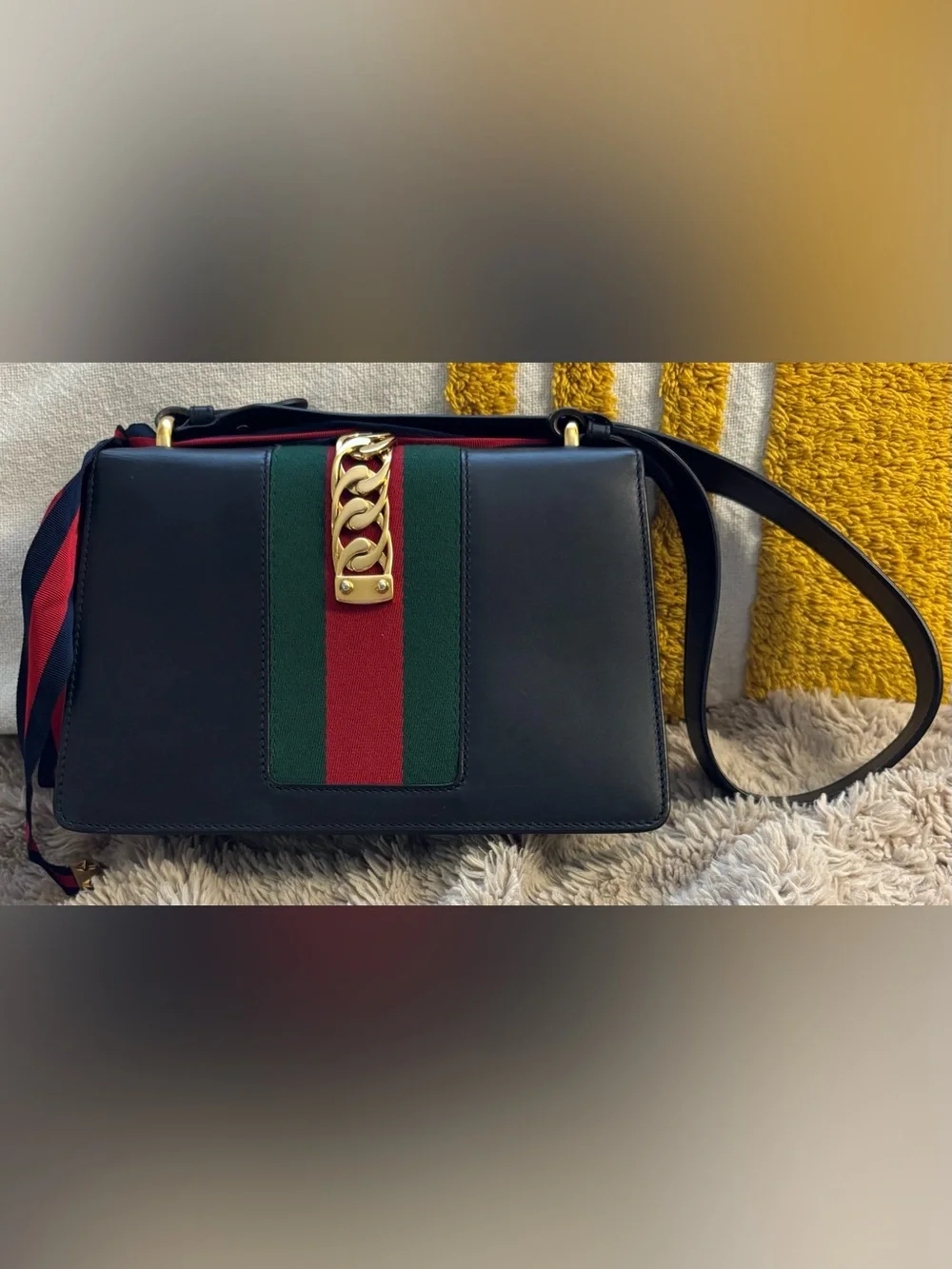 Gucci Vitello Fontanella Web Small Sylvie Shoulder Bag Black Agata - Picture 3 of 11